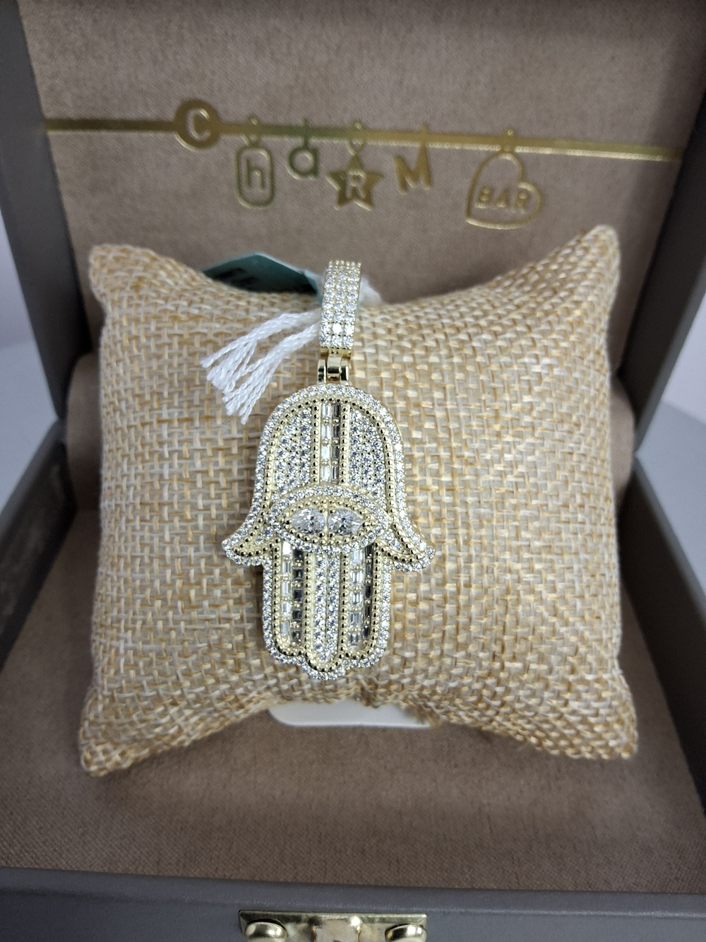 Signed 925 Sterling (Gold) Moissanite 3.21 Ctw Vvsd Color Hamsa Hand Charm